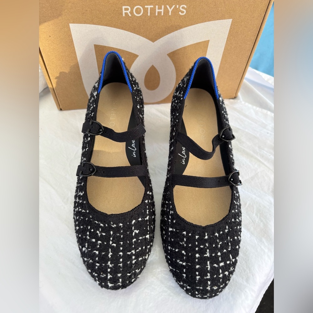 Rothy's Black & White Tweed Mary Jane block heels